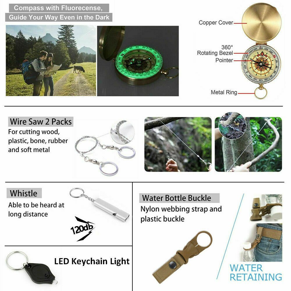 14-in-1 survival kit displayed with labels: compass, wire saws, whistle, LED keychain light, and water bottle buckle.
