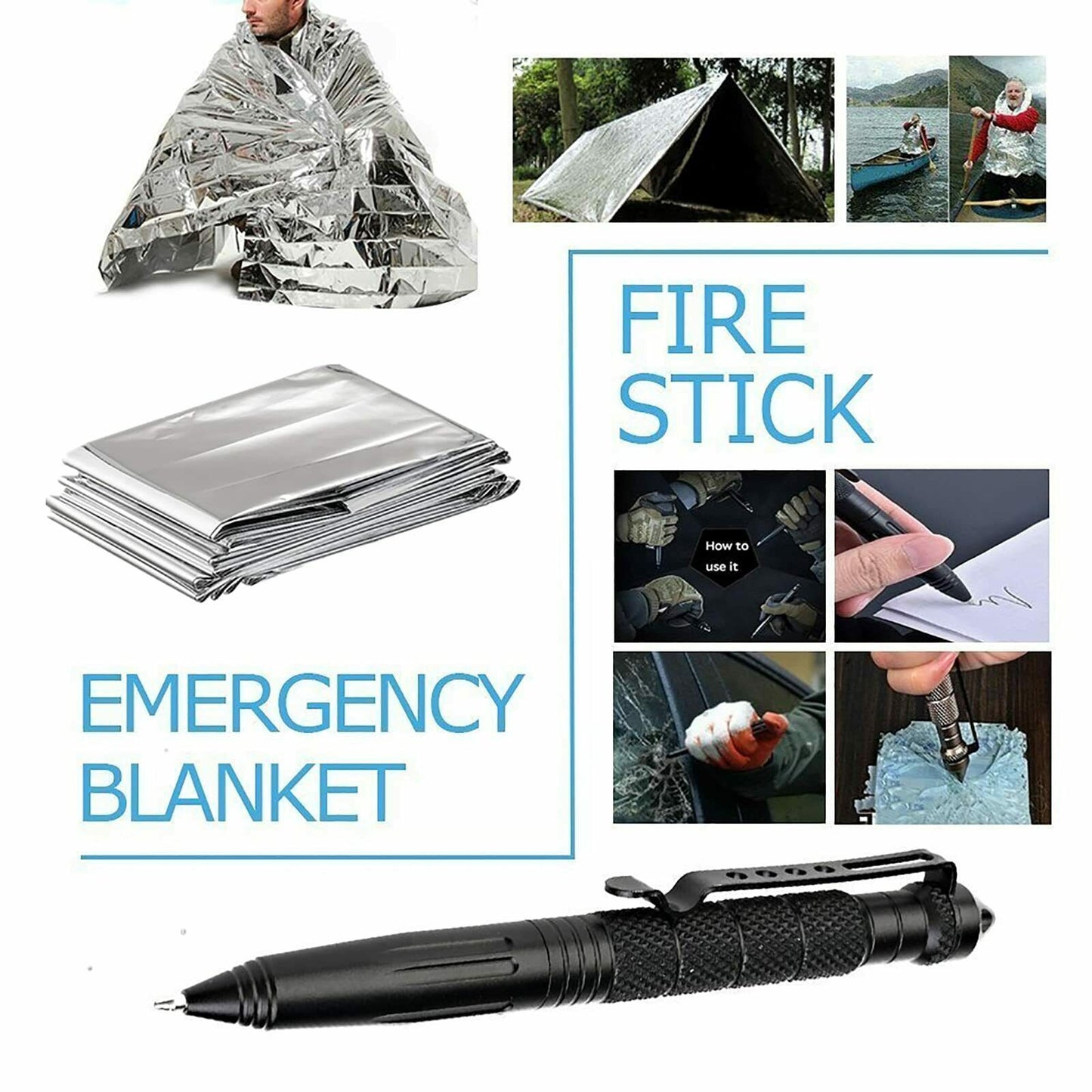 Emergency survival kit items including a fire starter with striker and a folded mylar blanket. Essential for hikers in UK