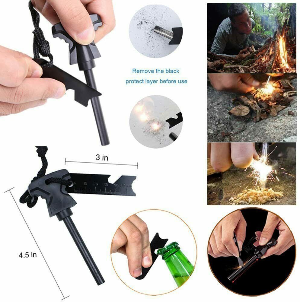 Multi-functional fire starter tool with built-in bottle opener and scraper shown igniting sparks and being used to light fire