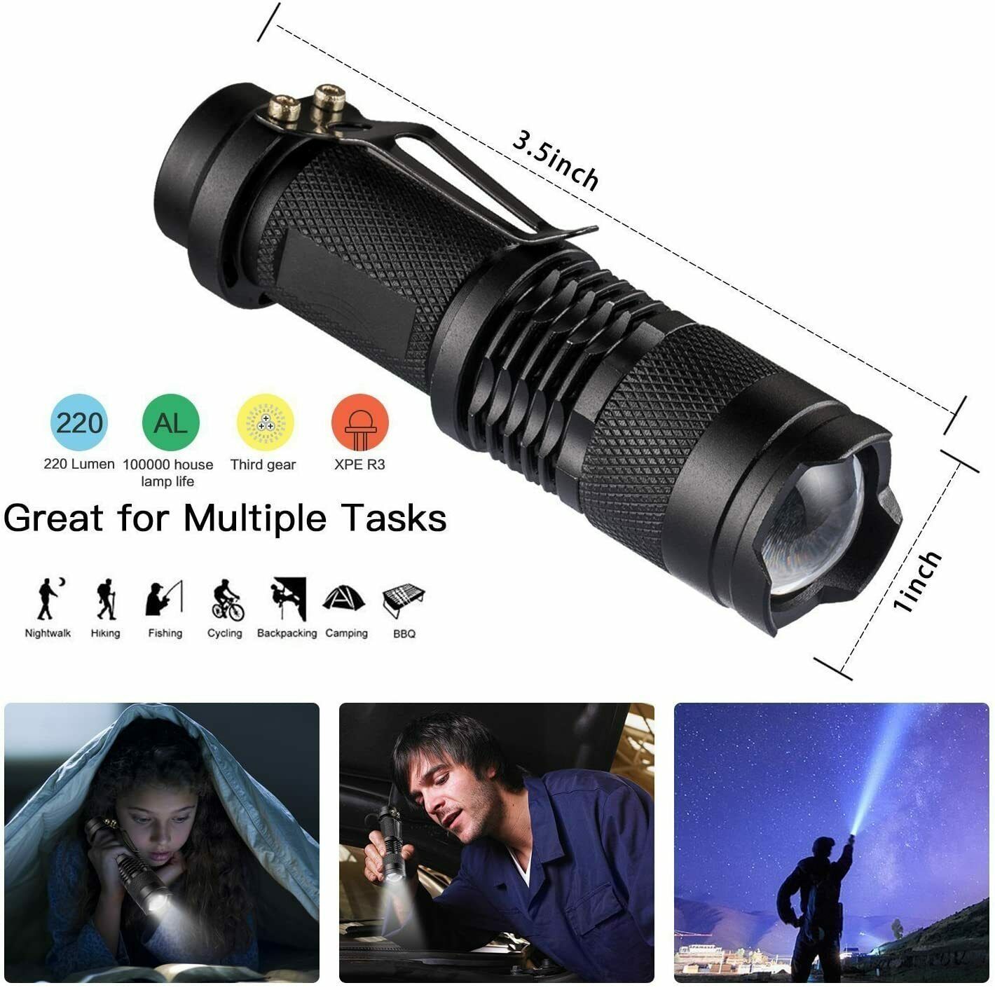 Compact 220-lumen tactical flashlight with zoomable beam, 3.5-inch body, and durable grip, ideal for night hikes and camping