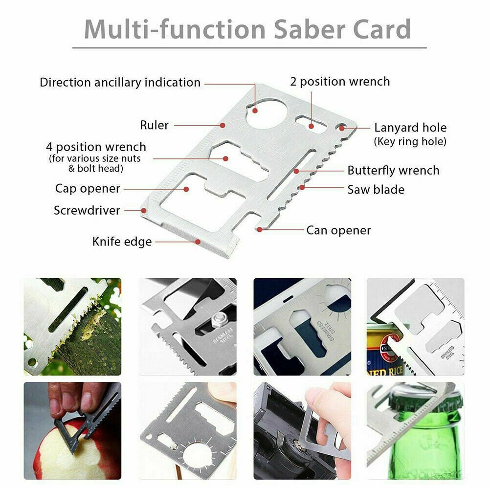Multi-function saber card featuring tools like a can opener, knife edge, screwdriver, ruler, bottle opener in compact design