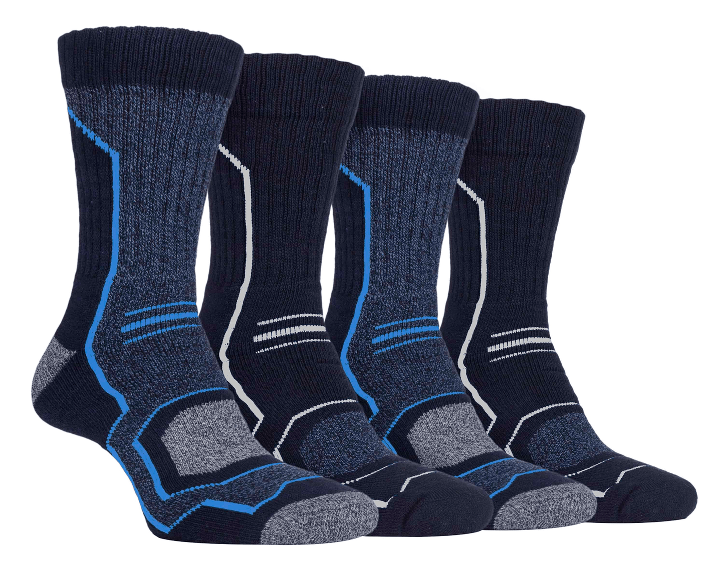 Storm Bloc men’s hiking socks in blue with white detailing – anti-blister, cushioned, and ribbed for outdoor performance
