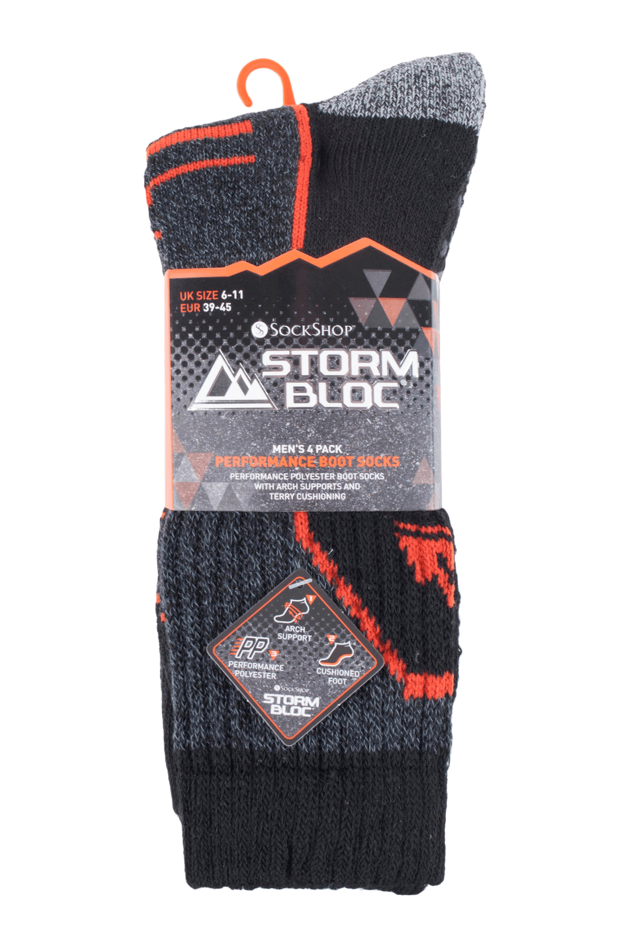 Packaged Storm Bloc men’s hiking socks in black with orange detailing – anti-blister and cushioned for outdoor performance