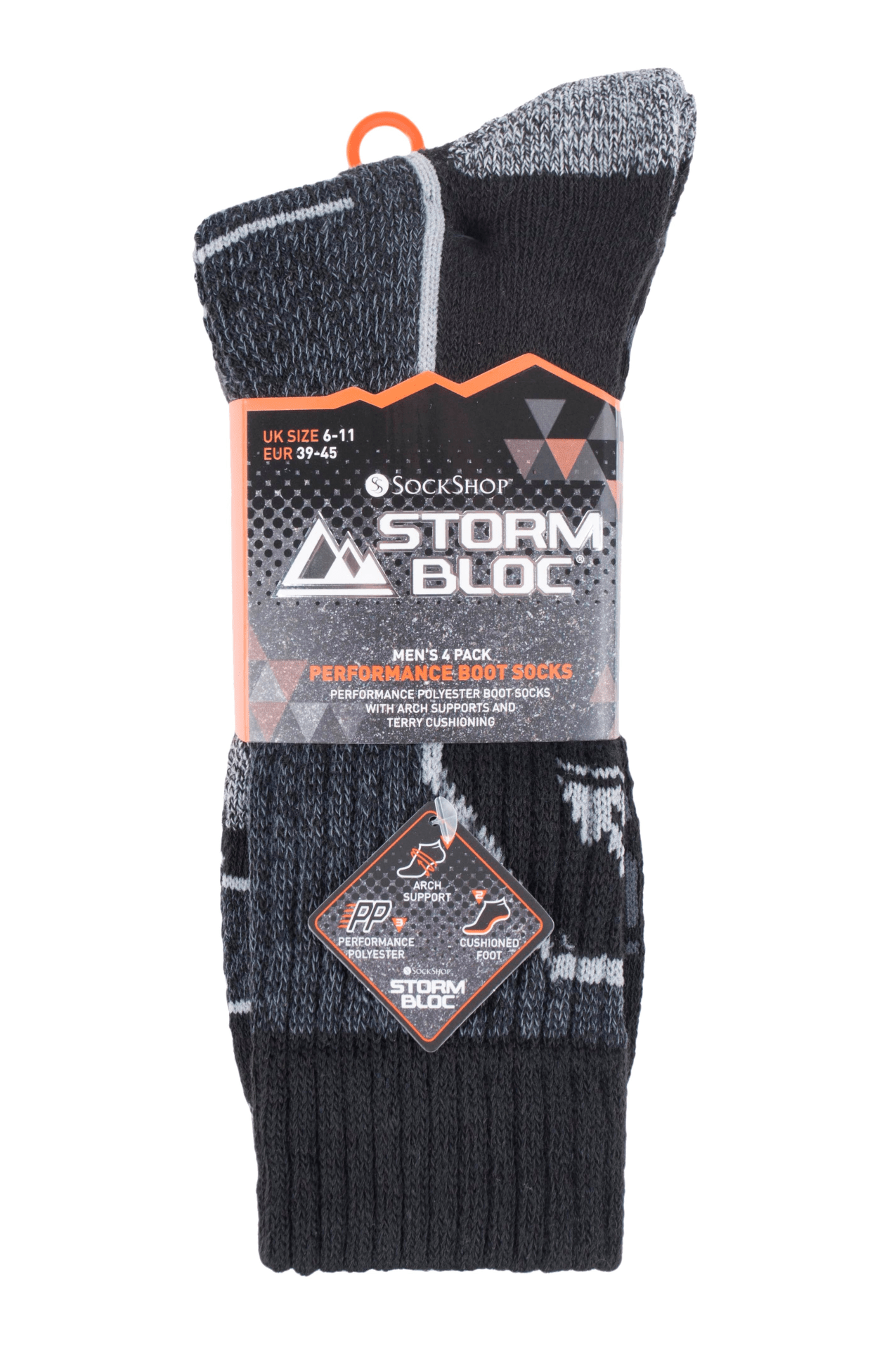 Packaged Storm Bloc men’s hiking socks in black with grey detailing – anti-blister and cushioned for outdoor performance