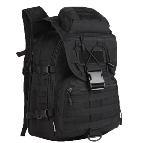Molle Tactical black Backpack. Multiple compartments ideal for hikers to carry their gear. Showing its lightweight design