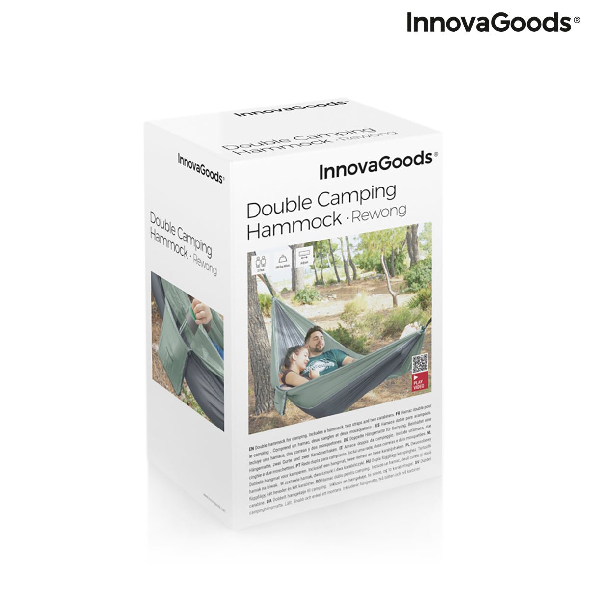 Retail packaging of the InnovaGoods Double Camping Hammock showing product features and outdoor usage image on the box.