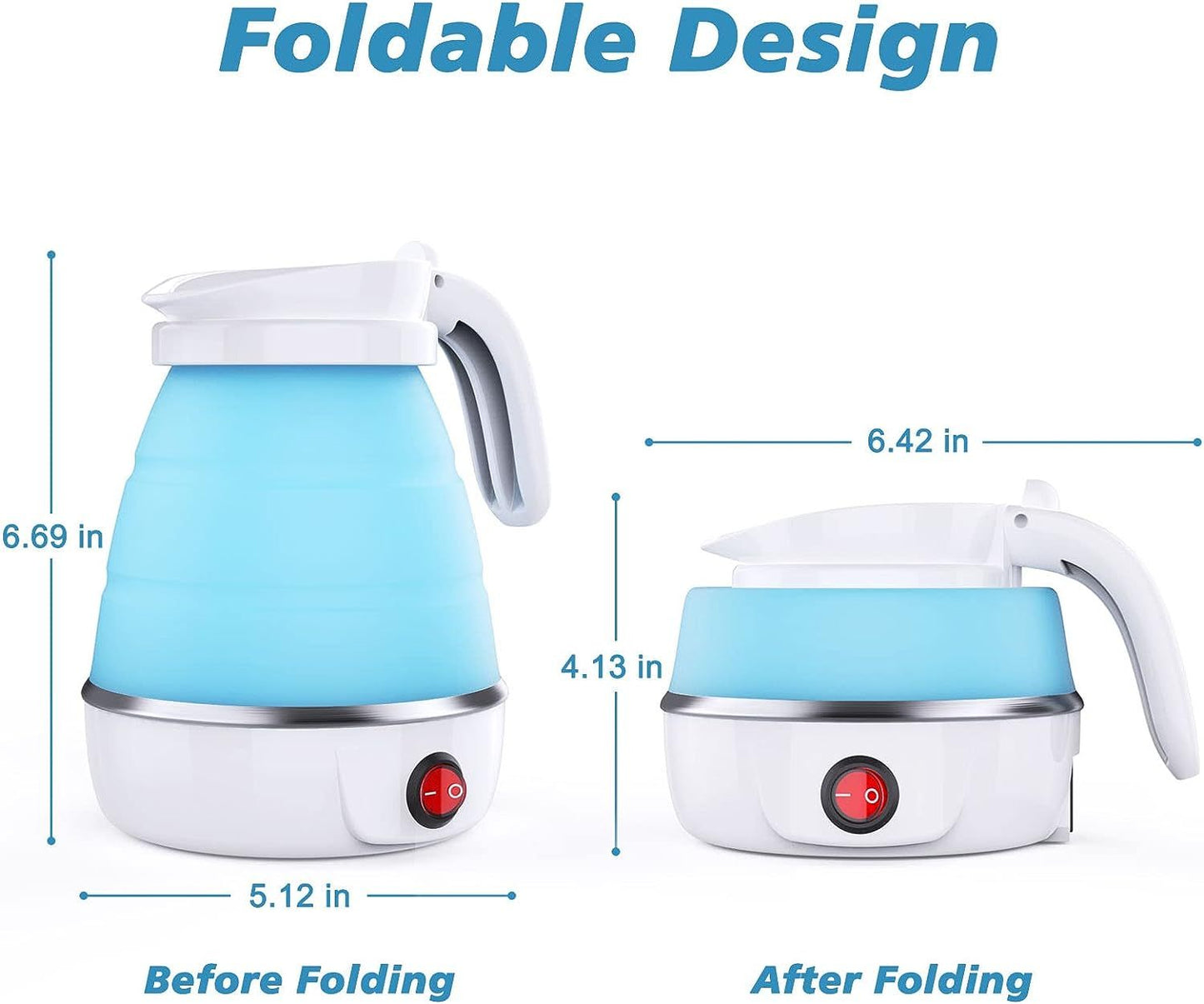 Foldable electric kettle shown before and after folding - Compact travel - friendly design with size dimensions