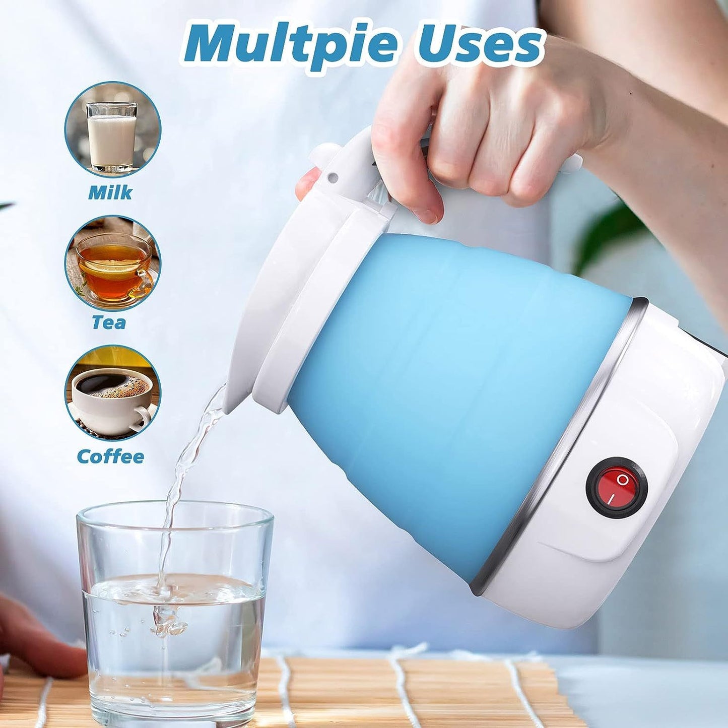 Foldable electric kettle pouring hot water into glass - suitable for milk, tea and coffee