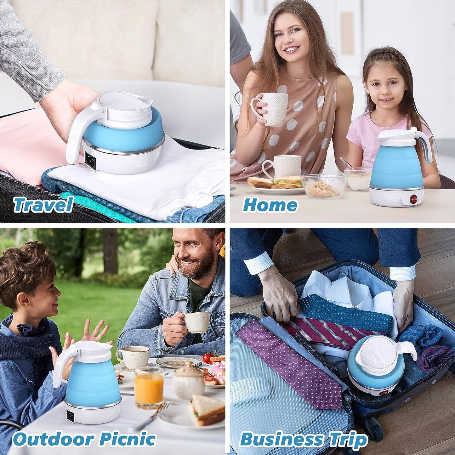 Foldable electric kettle used for travel, home, outdoor picnic and business trips - lightweight and portable design by Hikr.