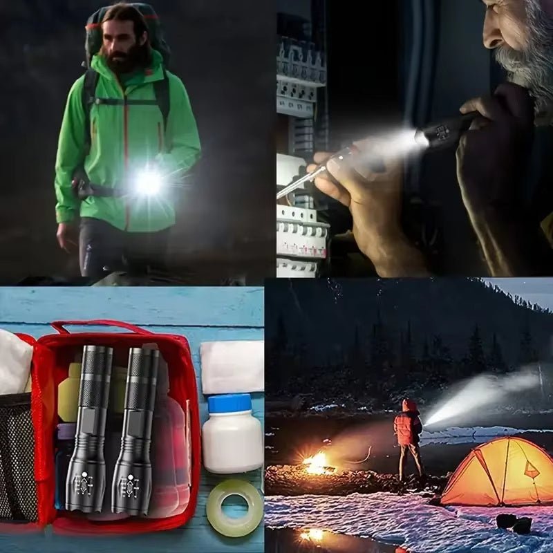 Collage of LED tactical flashlight in various use cases including hiking, electrical repair, emergency preparedness kit.