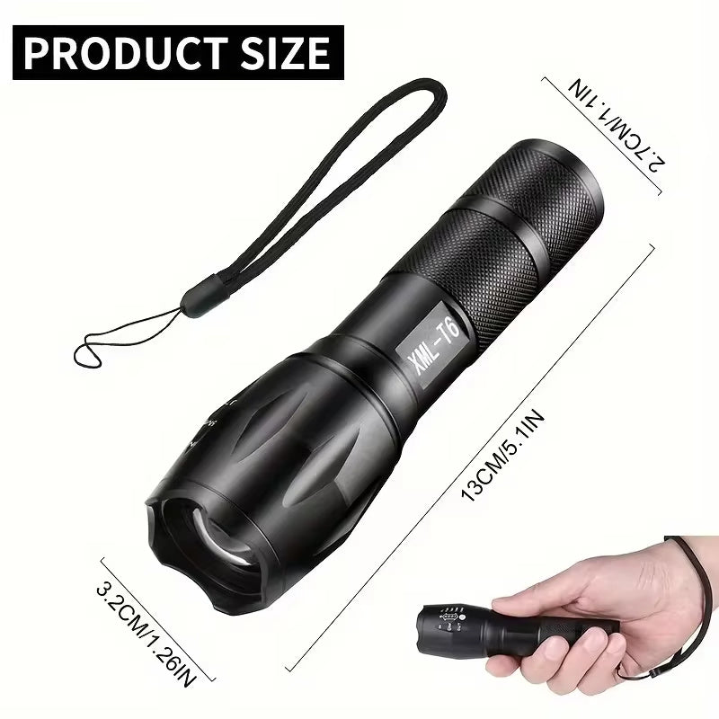 Compact LED tactical flashlight with dimensions labeled as 13cm (5.1in) in length and 3.2cm (1.26in) in diameter.