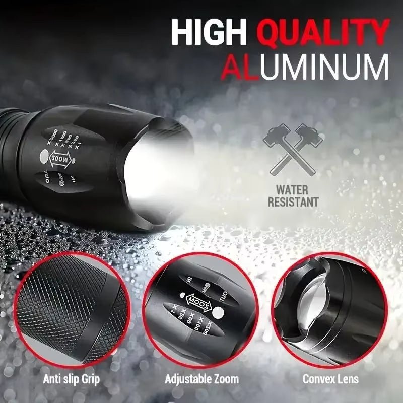 LED tactical flashlight featuring a high-quality aluminium body with anti-slip grip and water resistant design.