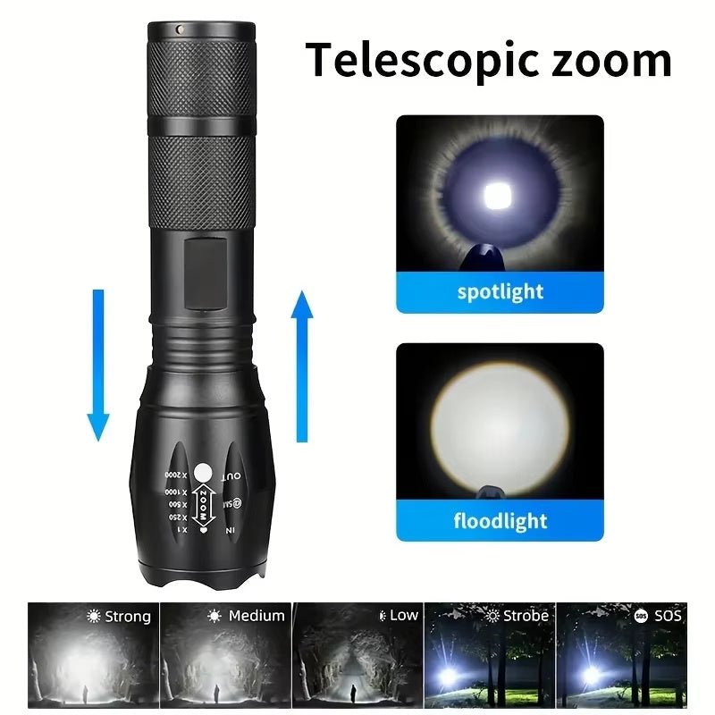 LED tactical flashlight showing telescopic zoom feature with options for spotlight and floodlight. Ideal for night hikes