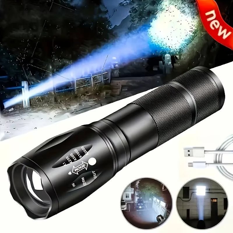 High power USB rechargeable tactical flashlight with adjustable focus beam, shown lighting up a night scene. Ideal for camper