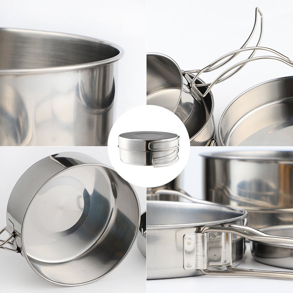 Stainless steel camping cookware set with stackable pots and folding handles, ideal for outdoor cooking and backpacking.