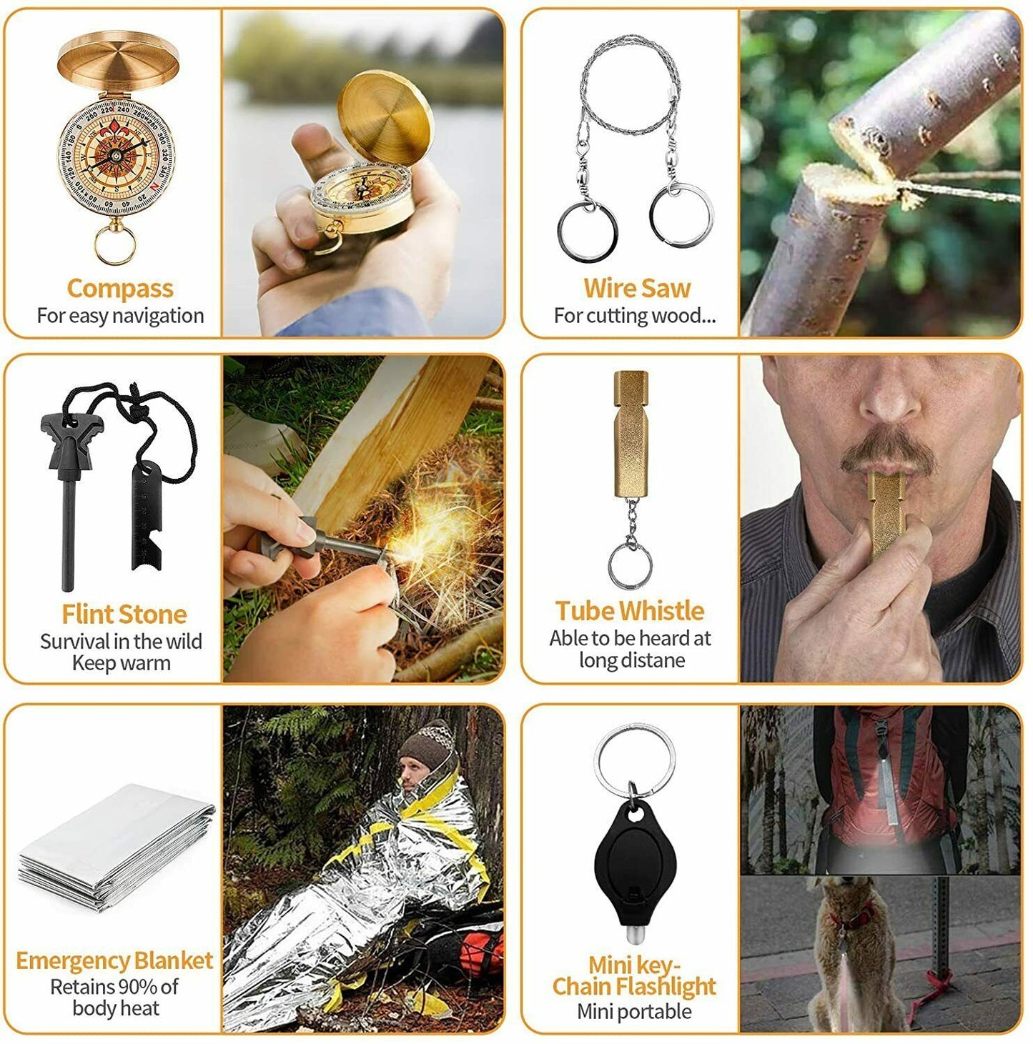 14-in-1 survival kit including compass, wire saw, flint stone, emergency blanket, tube whistle, and keychain flashlight.