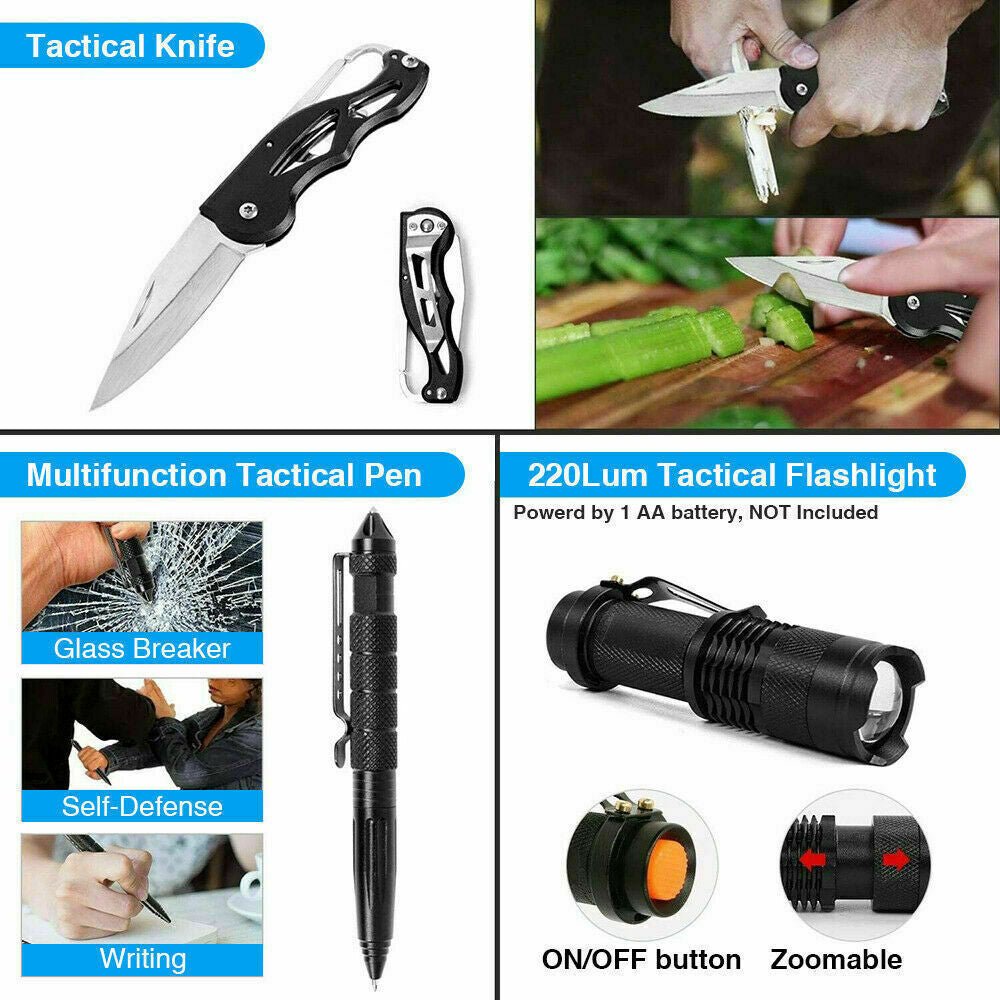 Tactical survival gear featuring a folding tactical knife, multifunction tactical pen with glass breaker essential for camper