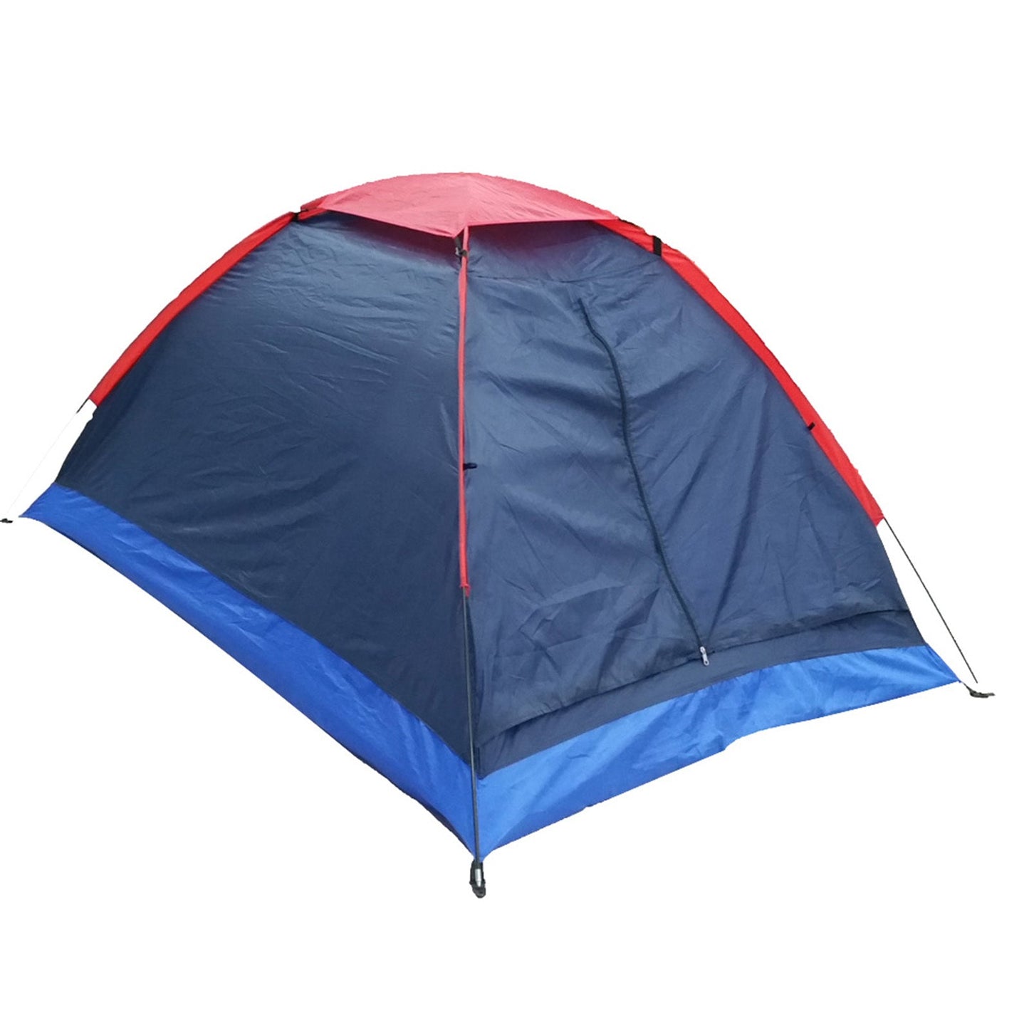 Rear view of a blue and red two-person dome tent with rainfly fully covering the structure, shown on a white background.
