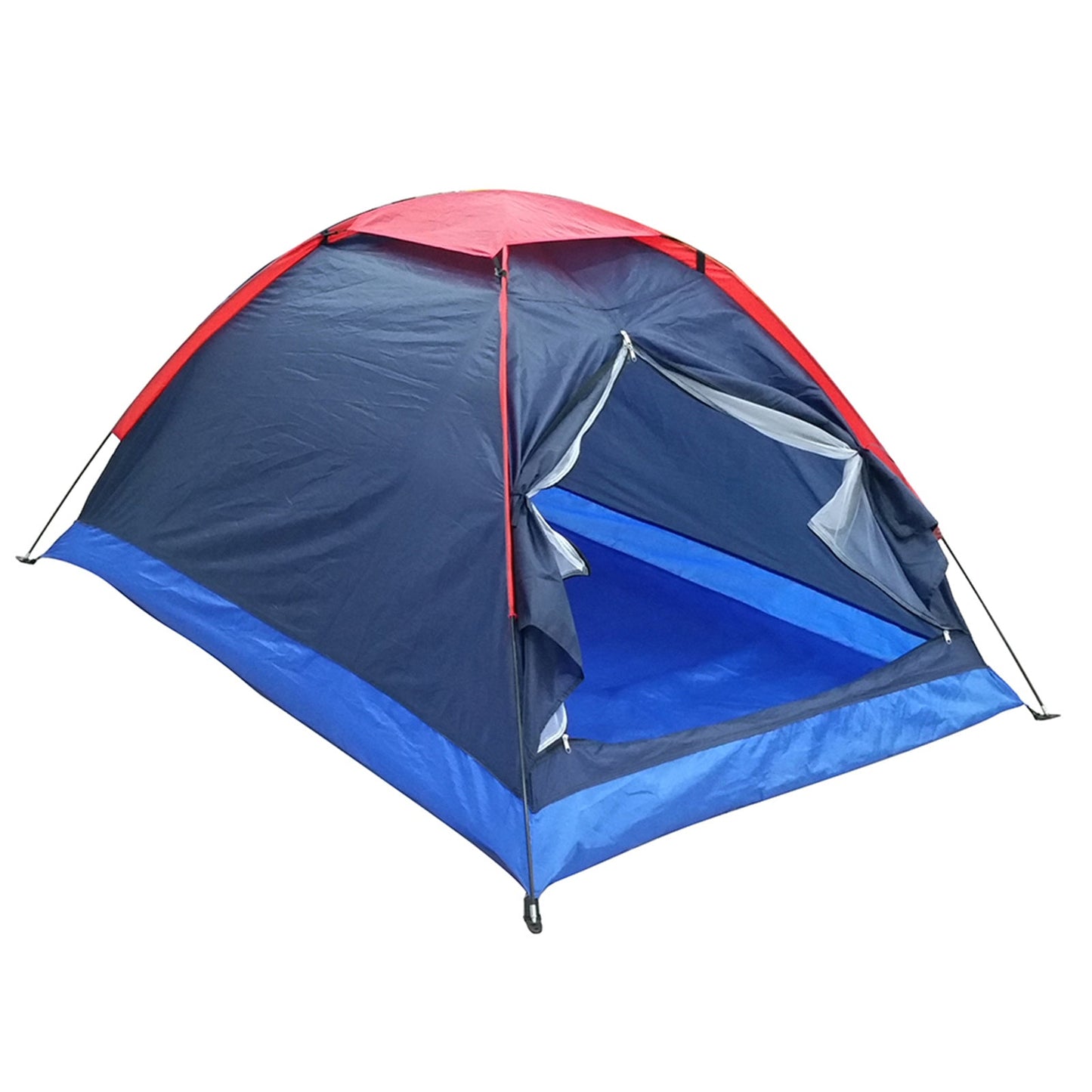 Compact two-person dome tent in blue and red with a partially opened door, displayed against a white background.