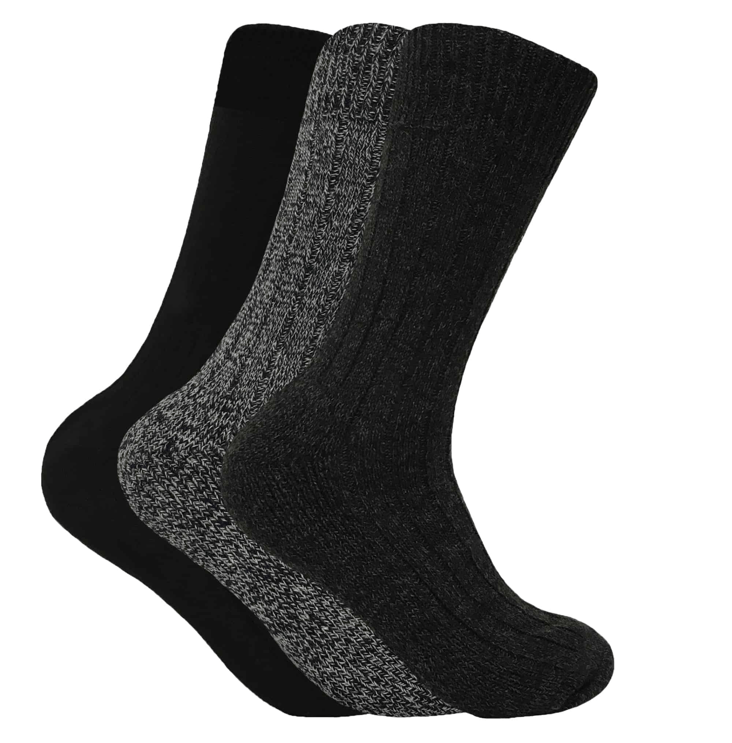 3 pairs of thick wool grey and black hiking socks. Perfect to keep your feet warm and dry whilst camping and hiking.