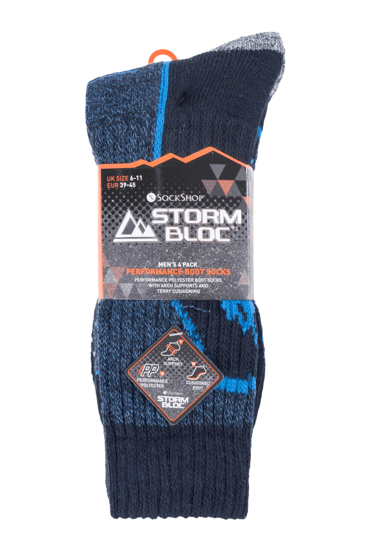 Packaged Storm Bloc men’s hiking socks in black with blue detailing – anti-blister and cushioned for outdoor performance