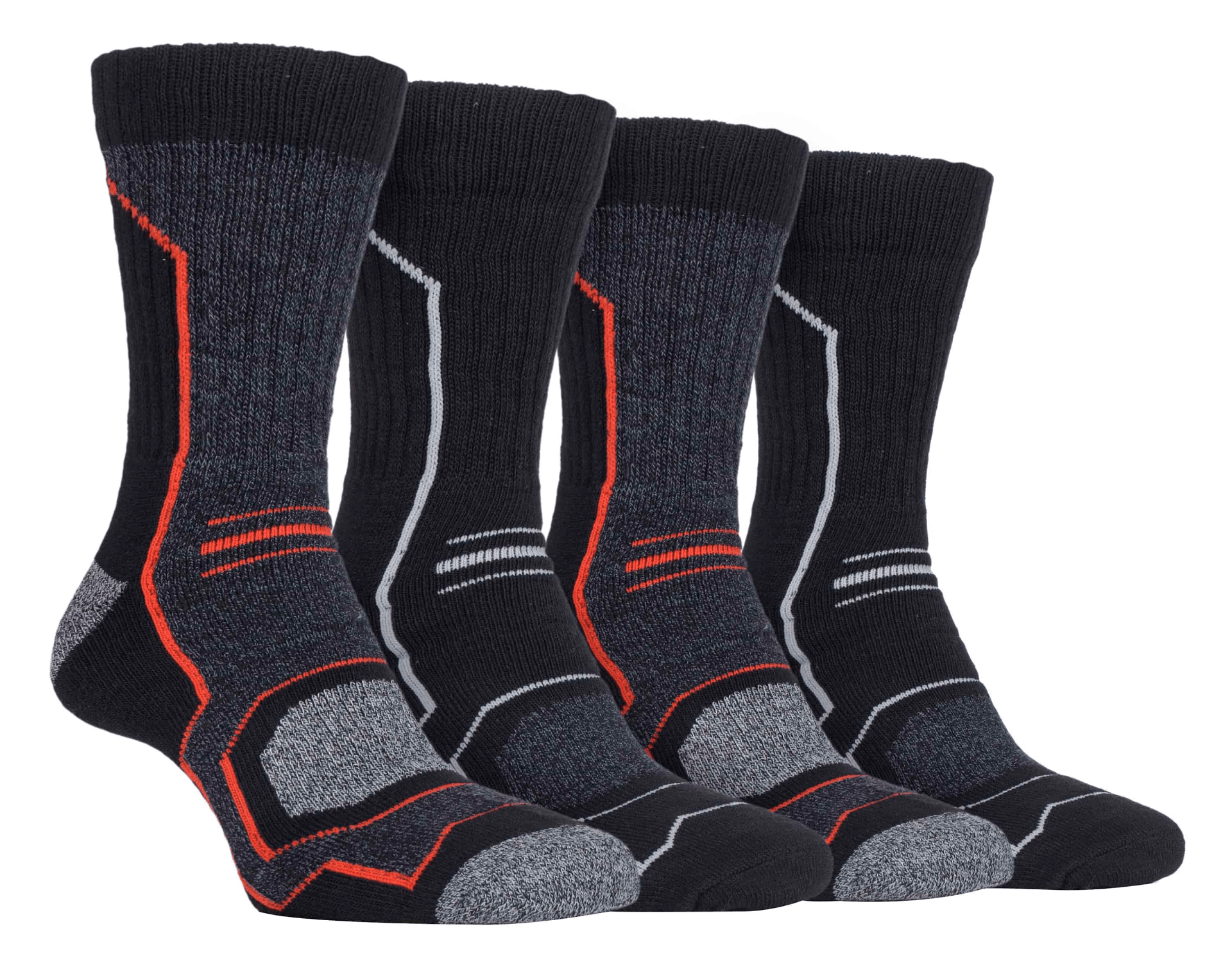 Storm Bloc men’s hiking socks in black and grey with orange detailing – anti-blister, cushioned, and ribbed for performance