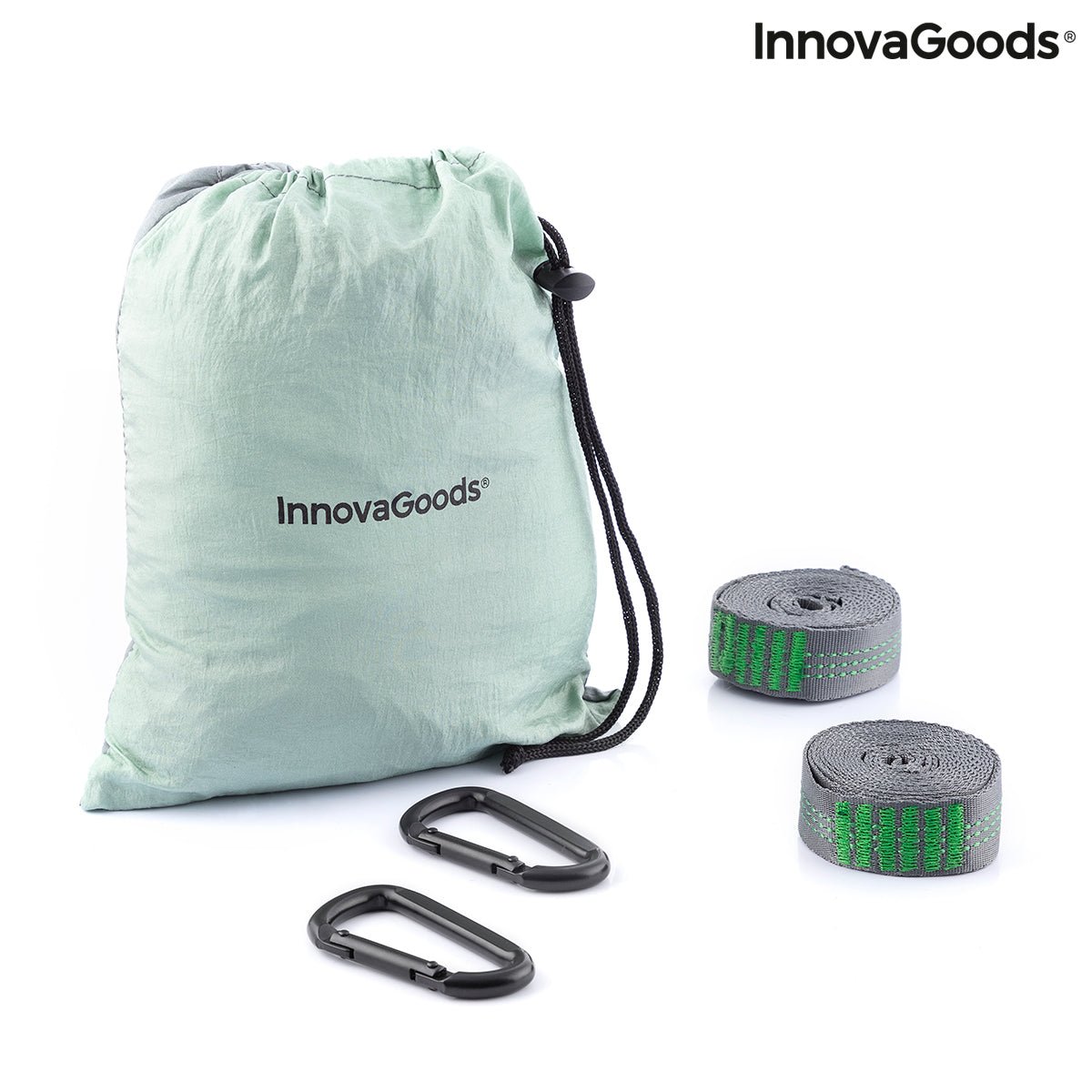 Accessories for the Double Camping Hammock, including a branded carry bag, two metal carabiners and two tree straps