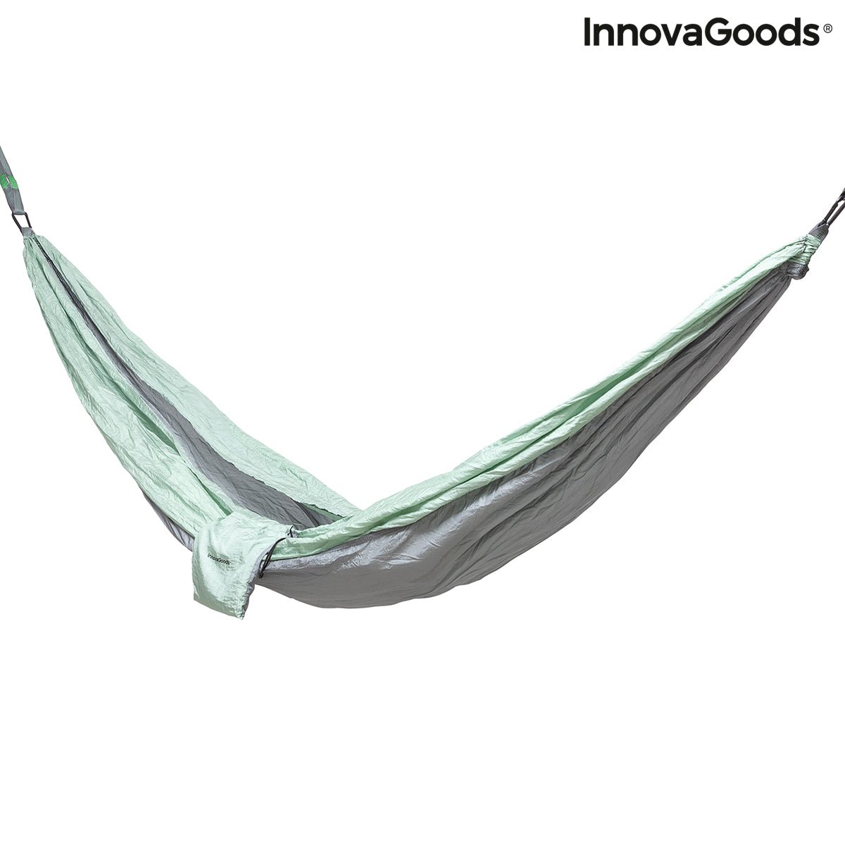 Double Camping Hammock fully suspended and displayed against a plain background, showing its compact and lightweight design.
