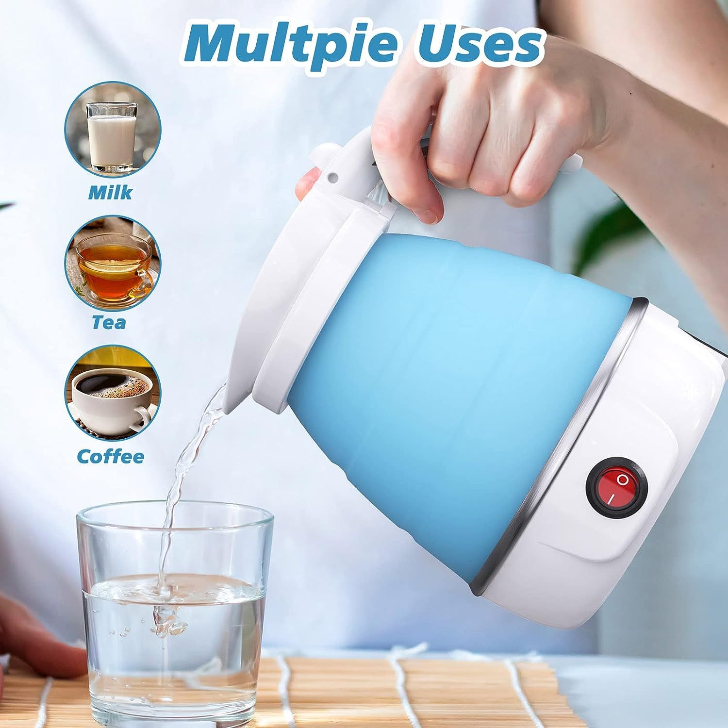 Foldable electric kettle pouring hot water into glass - suitable for milk, tea and coffee