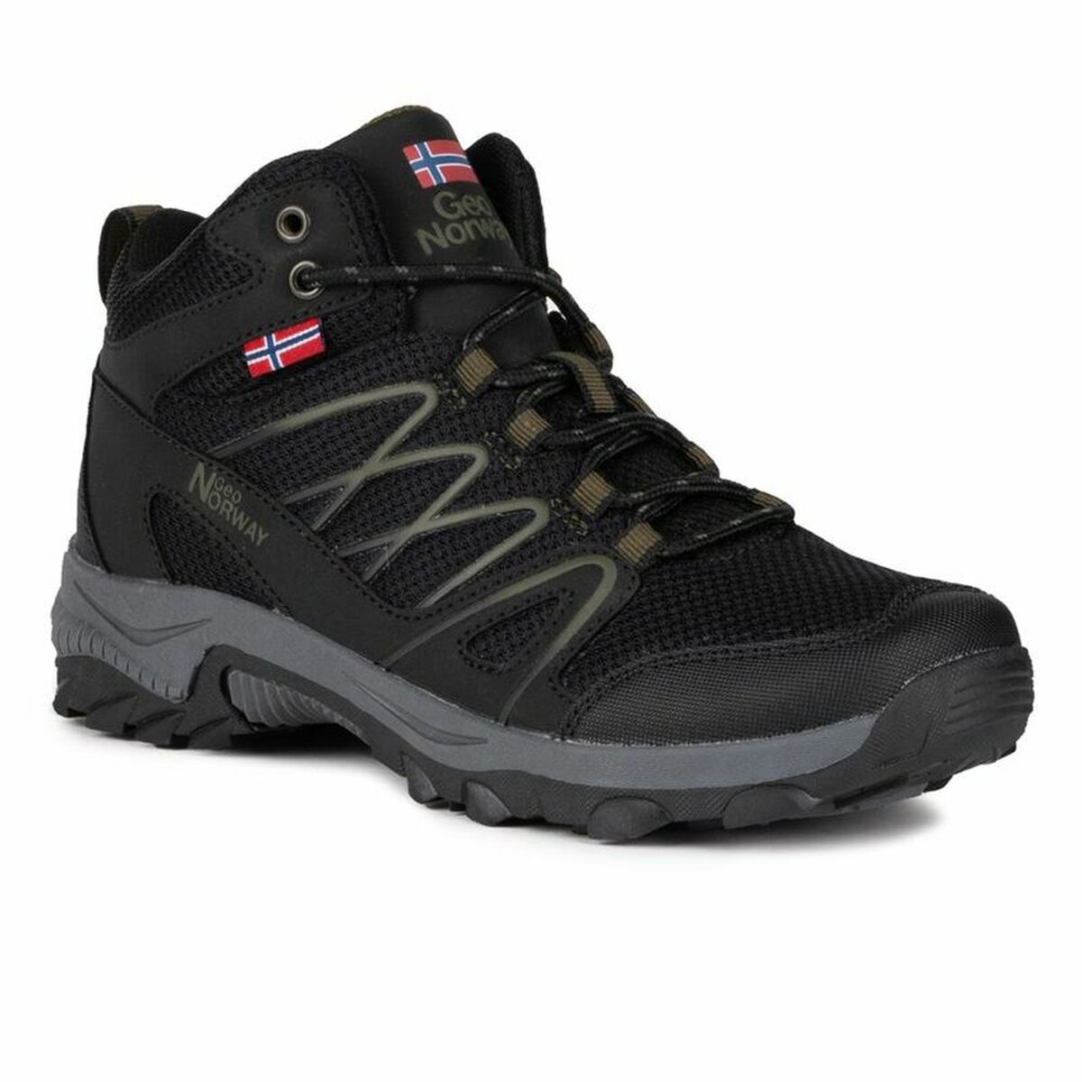 Side view of the Geographical black mid-top waterproof hiking boot with grey accents, rugged sole, and Norwegian flag.