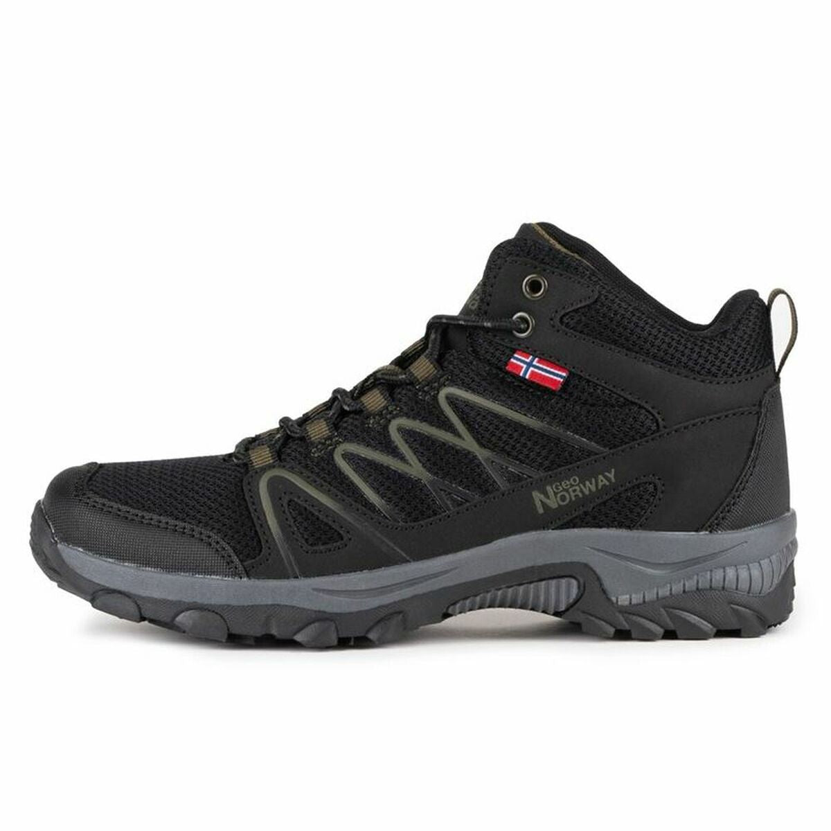 Side profile of the Geographical Norway black hiking shoe with grey sole breathable mesh upper. With Norwegian flag displayed