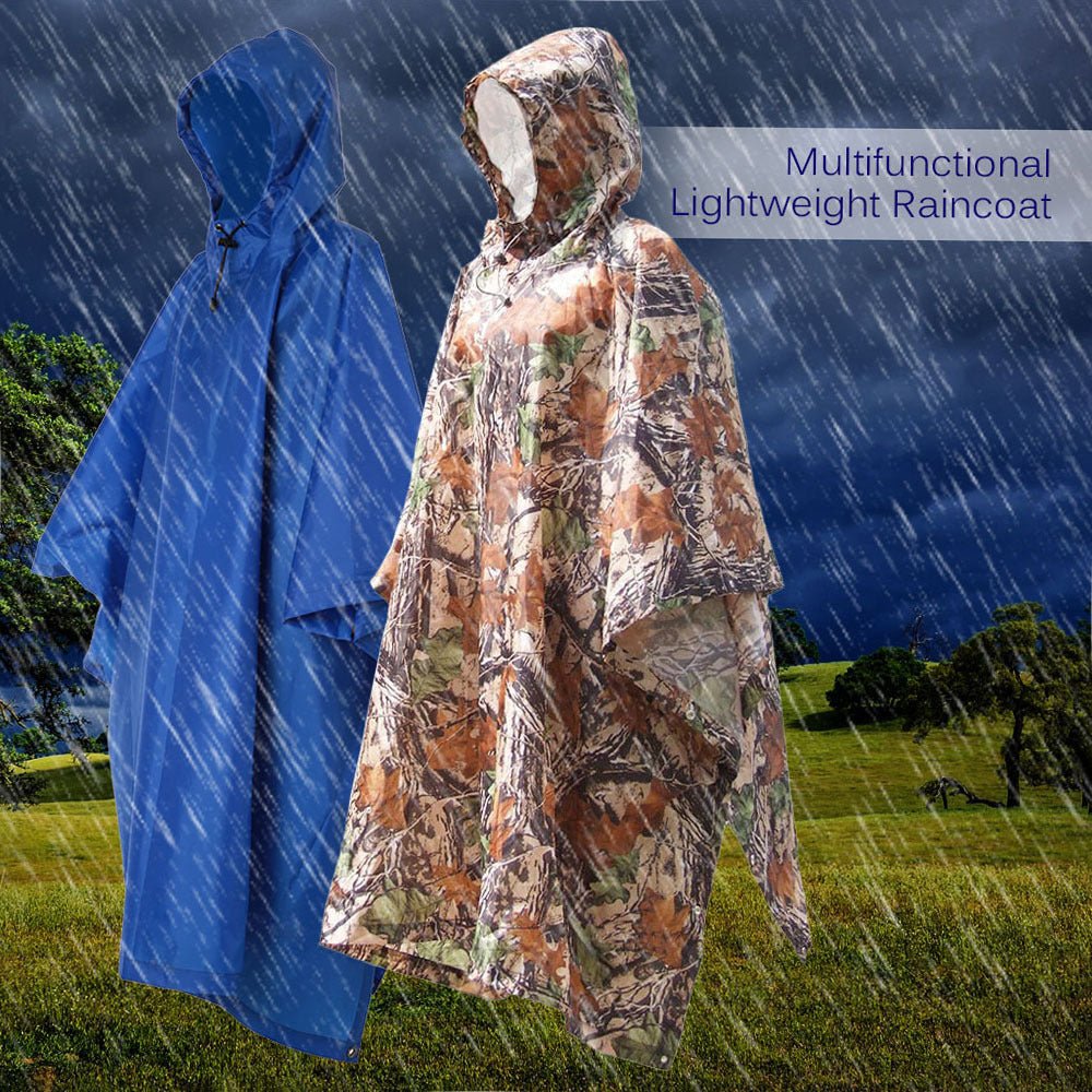 Two multifunctional lightweight raincoats—one in blue and one in camouflage. Being worn outdoors.