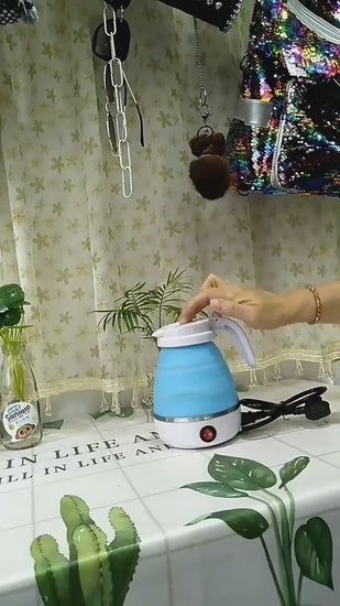 Demonstration of foldable electric camping kettle in use - easy to unfold, fill, boil and pour outdoor and travel use. 